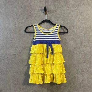 Jelly the Pug Kids Navy and White Striped Dress with Yellow Poka Dot Ruffled Hem
